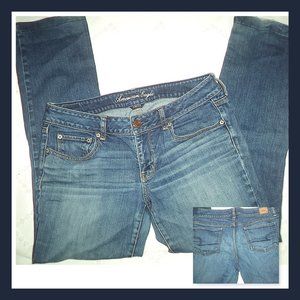 AMERICAN EAGLE STRETCH JEANS STRAIGHT DISTRESSED FADED BLUE-WOMENS SIZE 12